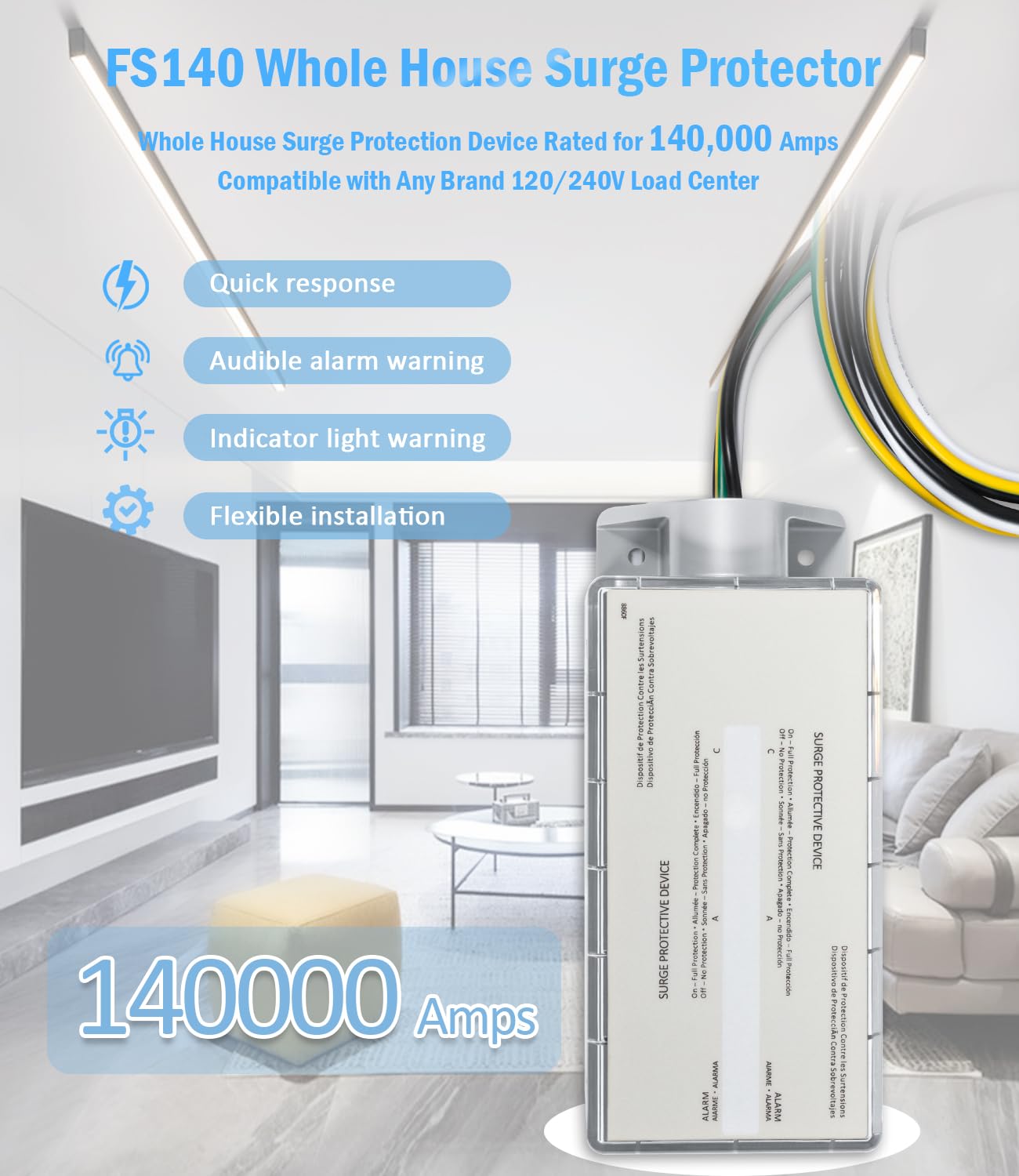 FS140 Whole House Surge Protector, Surge Protection Device Rated for 140,000 Amps, Compatible with Any Brand 120/240V Load Center