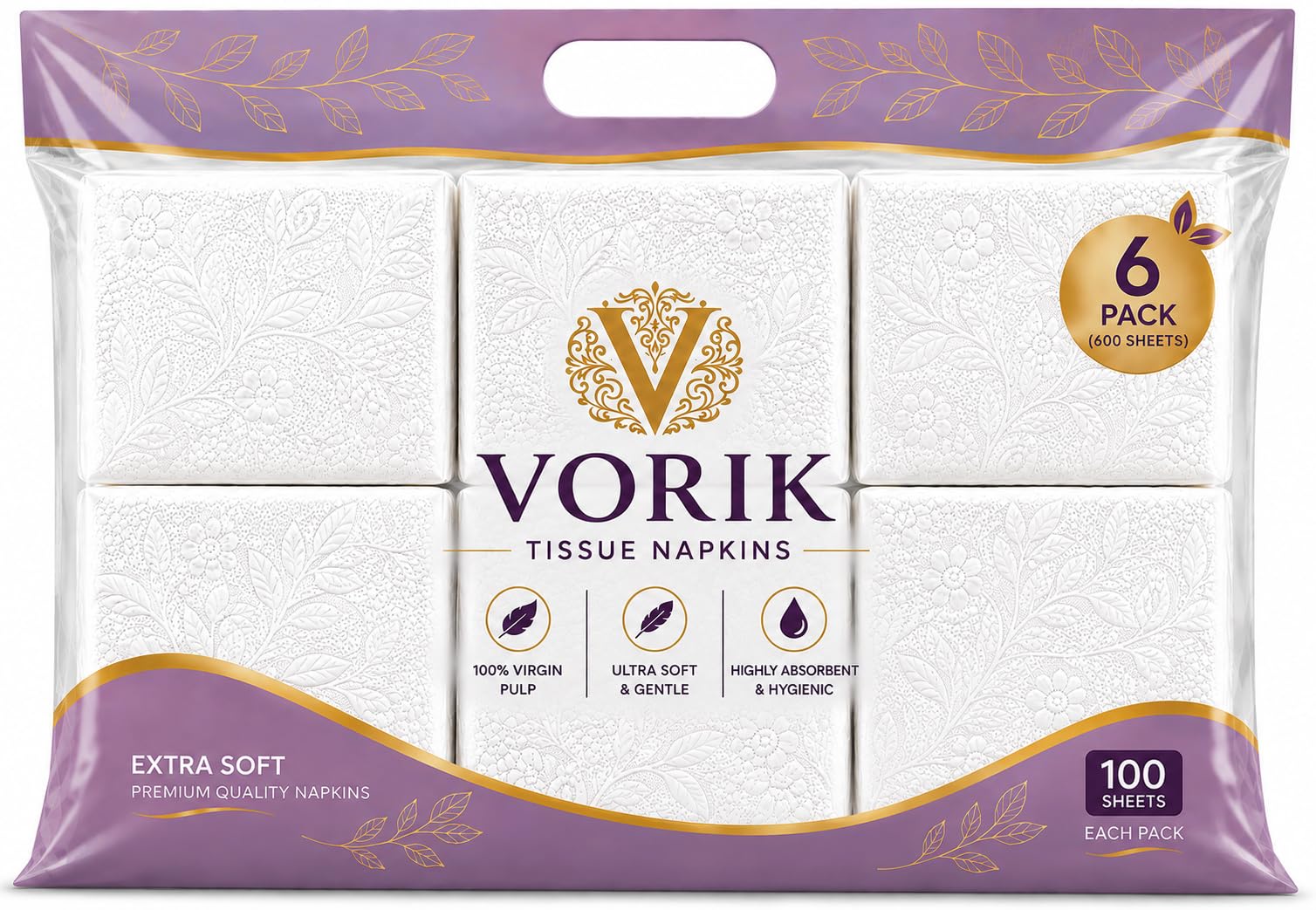 Vorik Tissue Paper Napkin Box-Soft Pack | 100 pulls x 6 packs | Super Soft, Skin Friendly & Highly Absorbent Face Tissue Napkins | Car Tissues | 100% Natural & Ecofriendly | 1 ply-600 Pulls-image-4