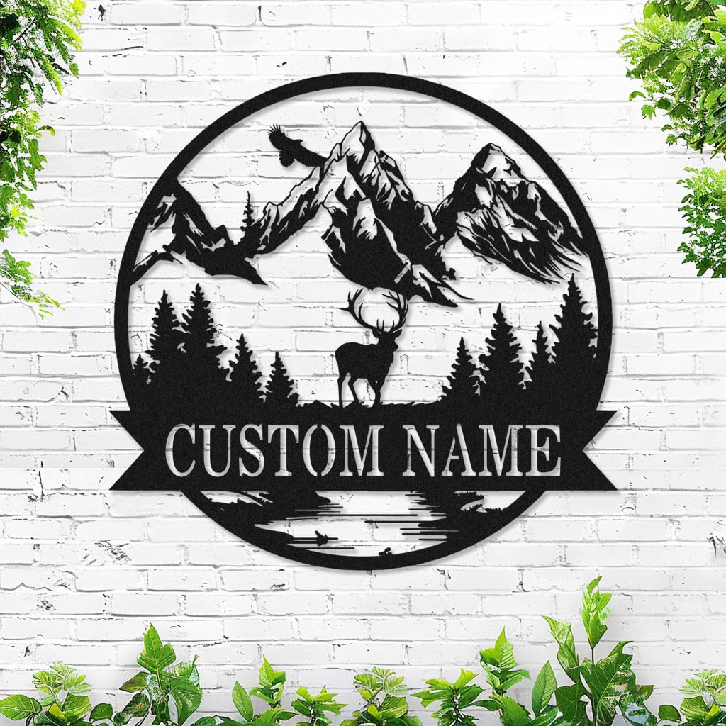 Personalized Hunting Deer Hunter Name Sign, Custom Christmas Deer Wall Decor Sign Mountain Metal Wall Art Plaque for Men Dad, Customized Elk Reindeer Man Cave Cabin Decor Monogram Signage