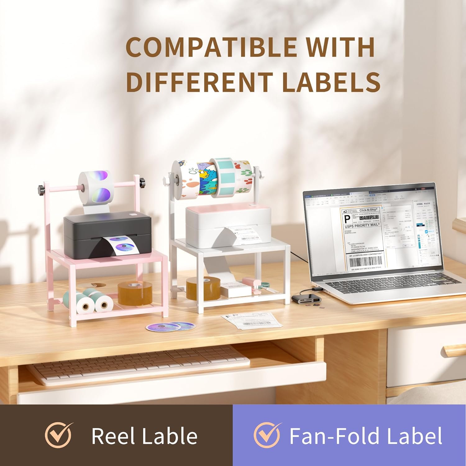 Label Holder for Rolls and Fan-Fold Labels, Sturdy Thermal Sticker Holder for Desktop Thermal Printer, Shipping Label Sticker Dispenser for Home, Office, and Small Businesses - Image 2