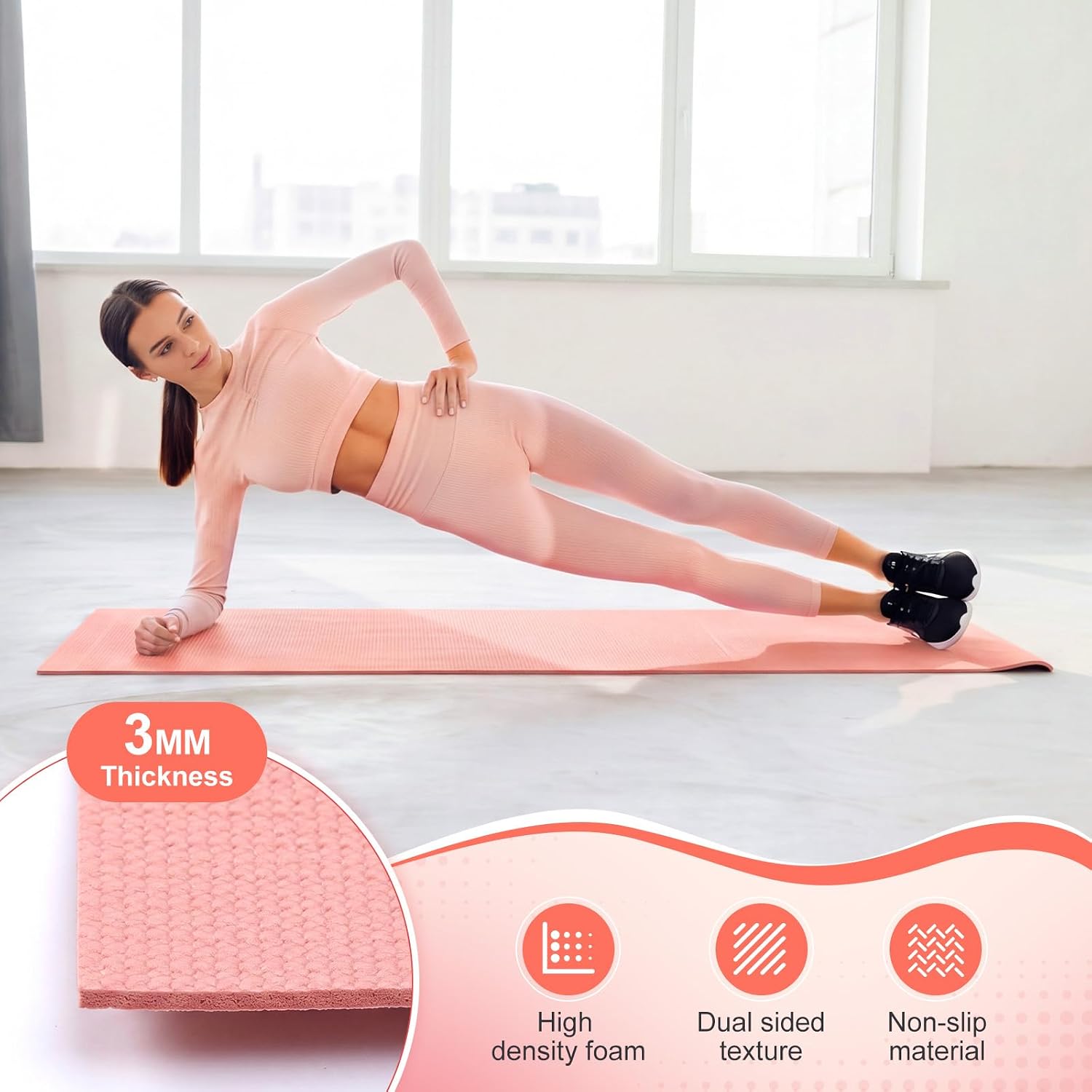 3 mm Thick Yoga Mat Bulk, Non Slip Exercise Workout Fitness Pad for Women Men, Gym Home Yoga Pilates, Easy to Clean, Sturdy PVC