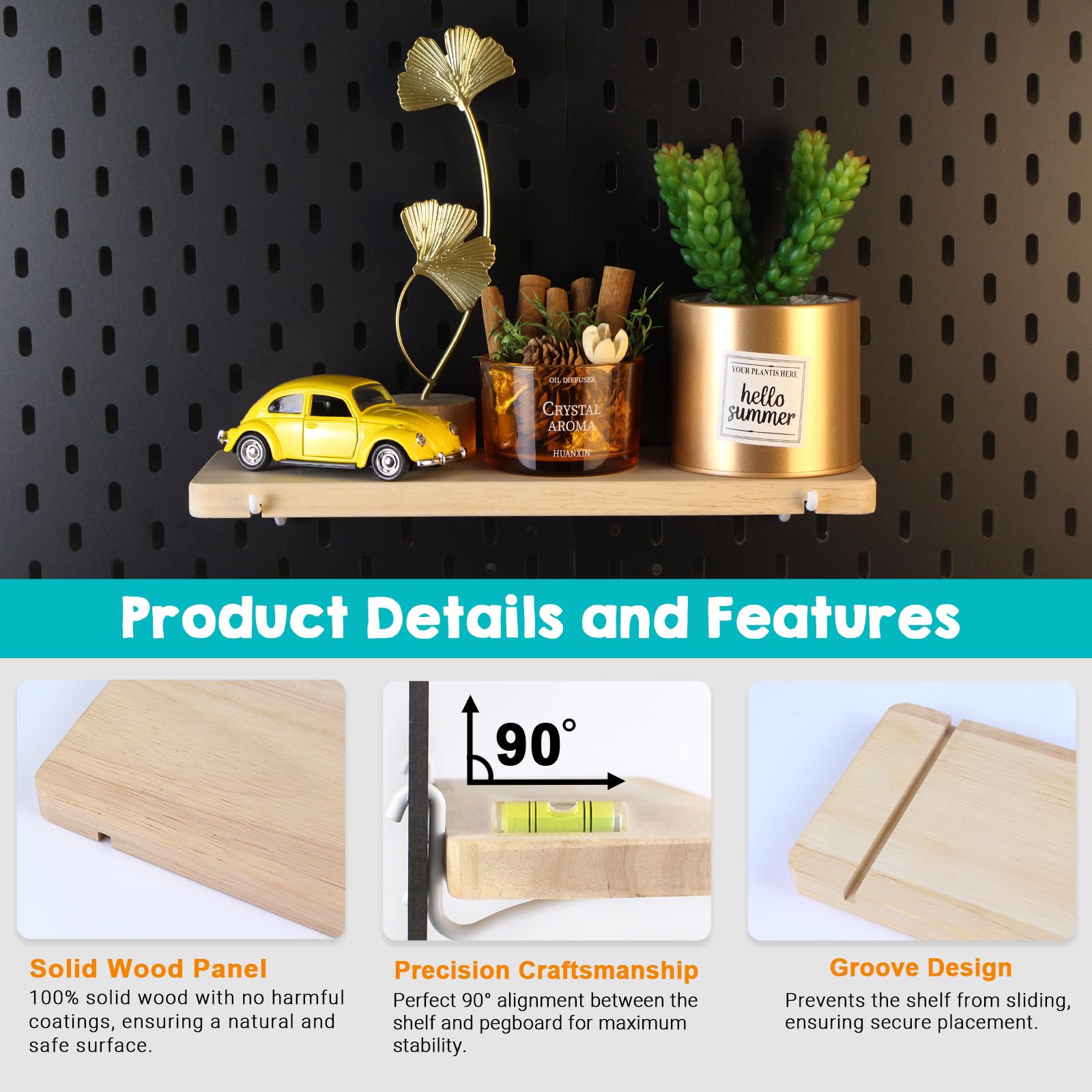 SEMPOMA 2 Pack Pegboard Shelves, Solid Wood Wall Shelf with Hooks, Compatible with IKEA Skadis Pegboard - Image 4