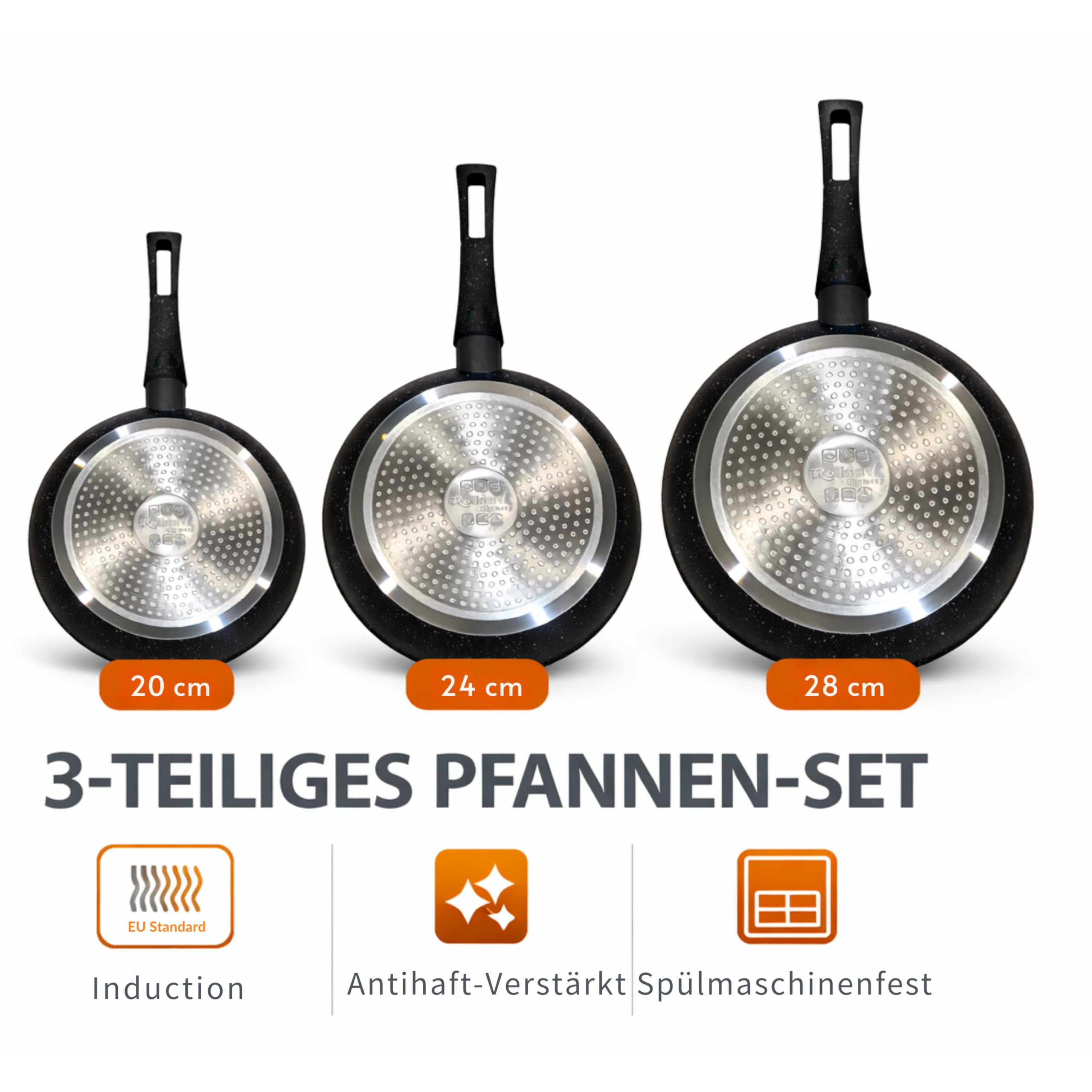 Roland 3-teiliges Pfannenset – Induktionsgeeignet – Antihaftbeschichtung, Camping Küche Granit-Optik – Bratpfannen Set 20/24/28 cm – Spülmaschinenfest & kratzfest