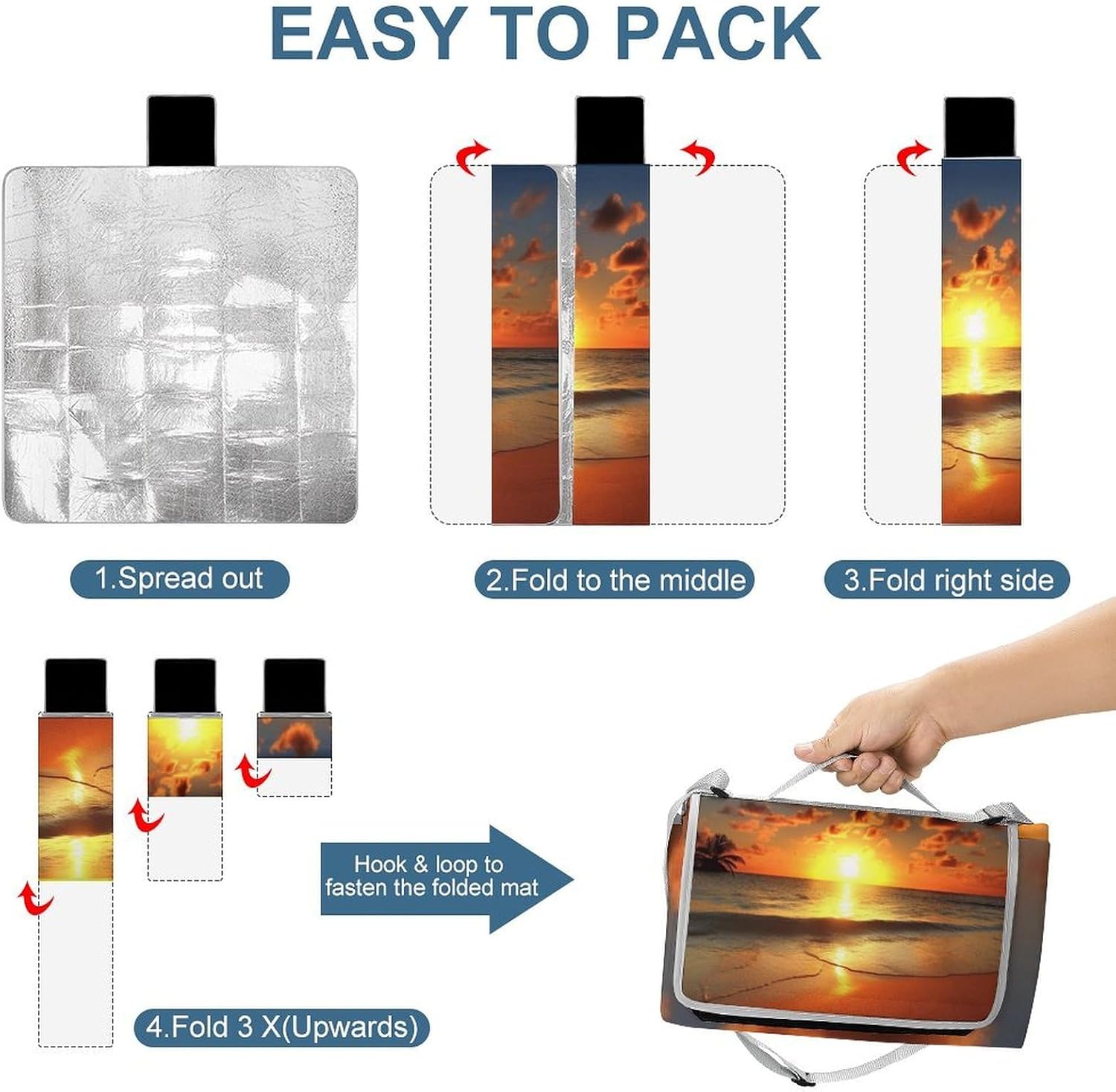 Beach Sunrise Waterproof Picnic Blanket 58.3''x58.3'',Portable and Foldable Picnic Mat with Handle,Outdoor Blankets for Lawn Park Beach Travel