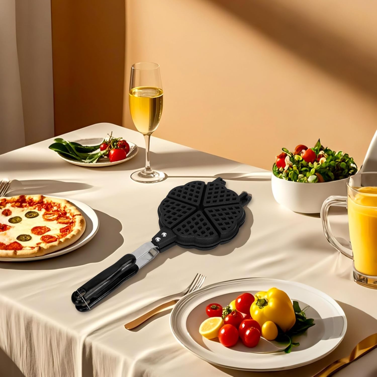 HERCHR Waffle Pan Maker, 5.9in Waffle Maker Double Sided Mini Pancakes Maker Machine, Portable Waffle Baking Pan Skillet Non Stick Camping with Long Handle for Family Breakfast Baking