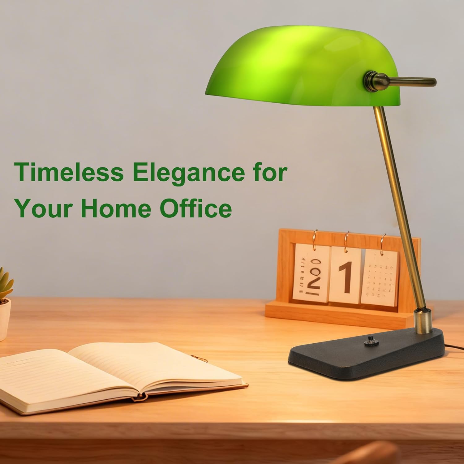 Green Bankers Desk Lamp - Push Button Switch, 2.9Ib Heavy Duty Cast Iron Base, 30° Swivel Head, Antique Brass Frame & Black Base for Home Office Decor (Black+Green)