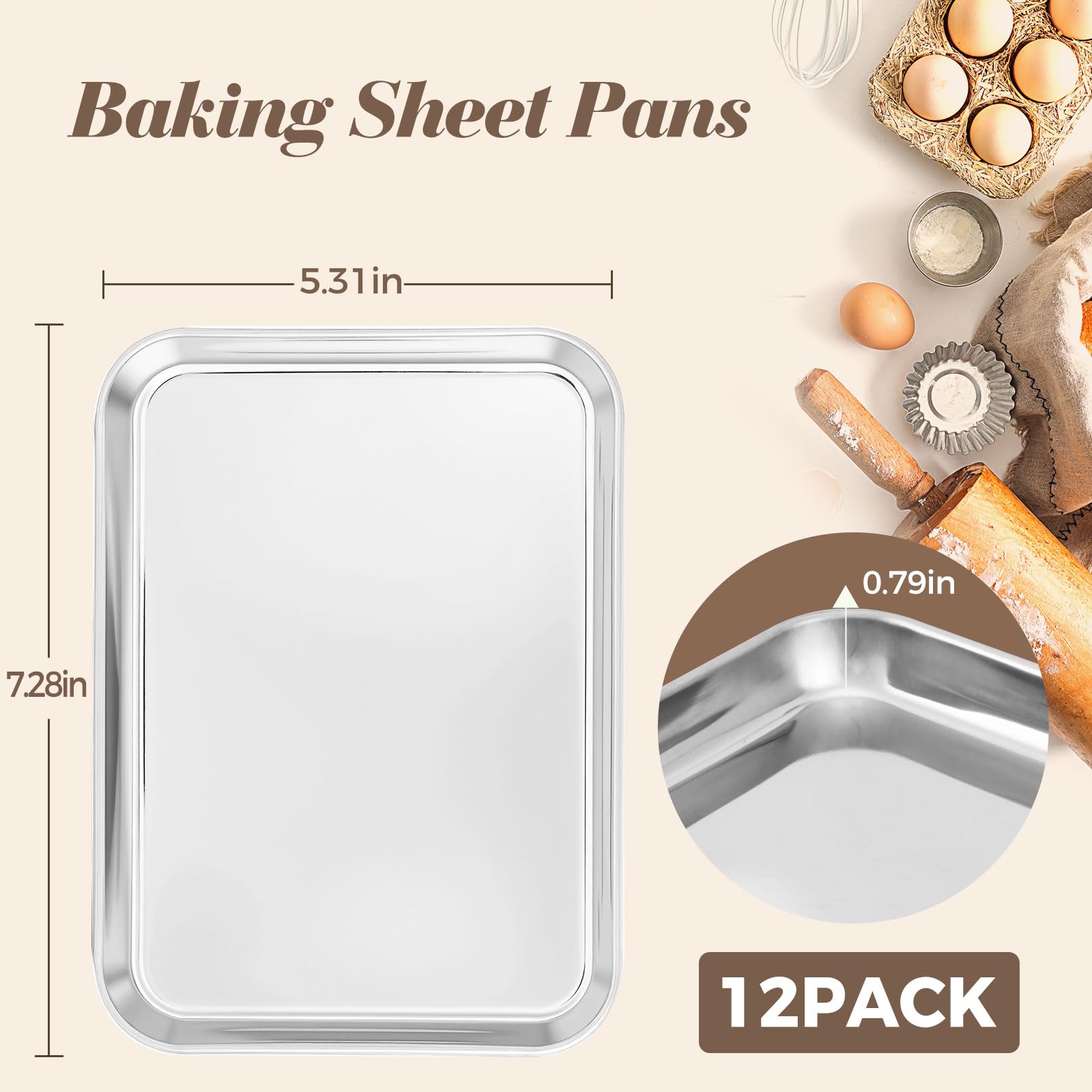 12 Pcs Baking Sheet Stainless Steel Cookie Small Metal Sheet Pans Professional Rectangle Oven Trays Kitchen Baking Cooking and Toaster, Oven and Dishwasher Safe(7.1x5.1x0.79Inch)