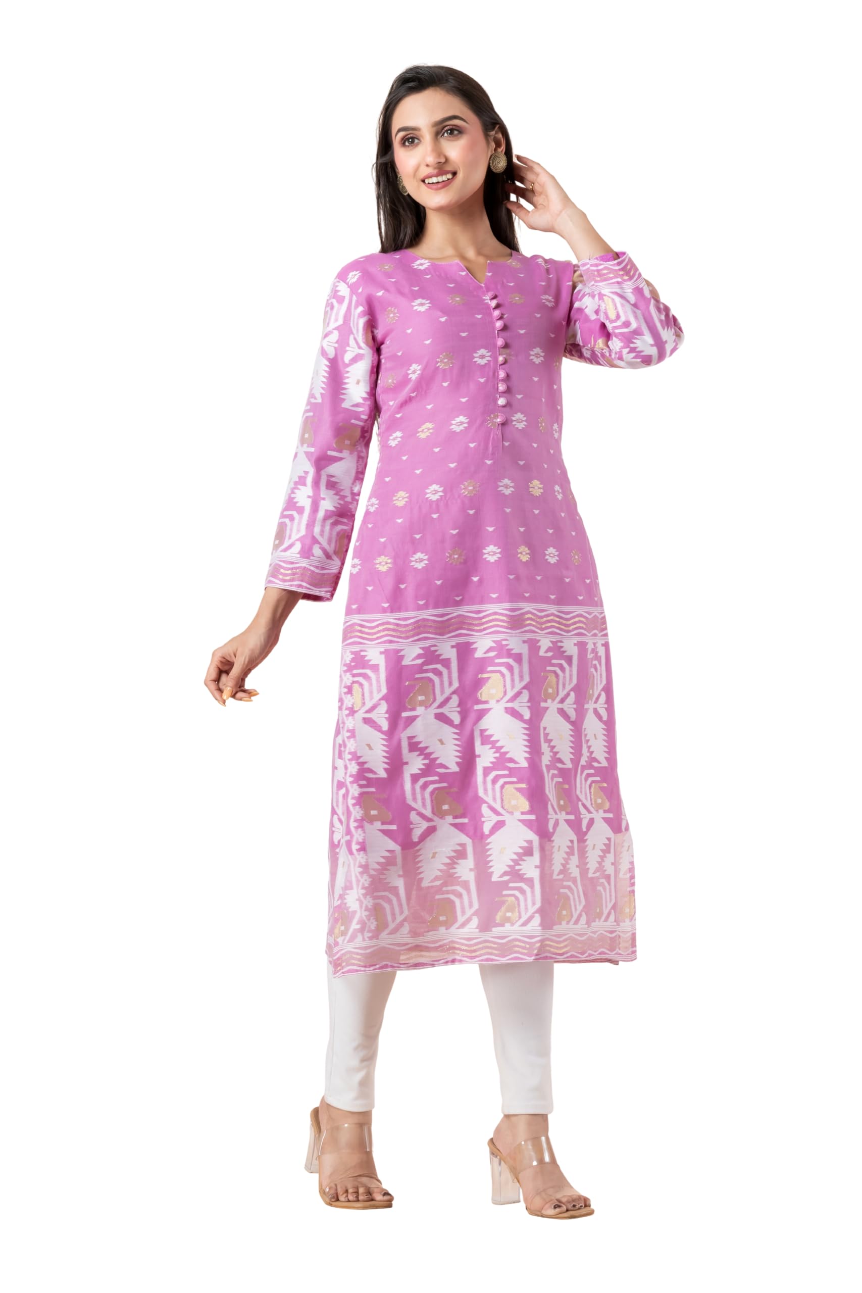 durga handlooms Woven Jamdani Women's Cotton Blend Kurti|3/4th Sleeve|V Neck with Buttons|Pure Cotton Lining Attached-picture-42