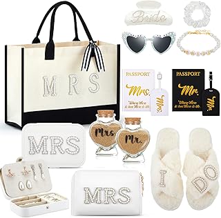 14 Pcs Bridal Shower Gifts Set Including Mrs Mr Travel Passport Tag Tote Cosmetic Bag Jewelry Box Claw Hair Clip Hair Tie Heart Sunglasses for Honeymoon Wedding Supplies(Women 9-10)