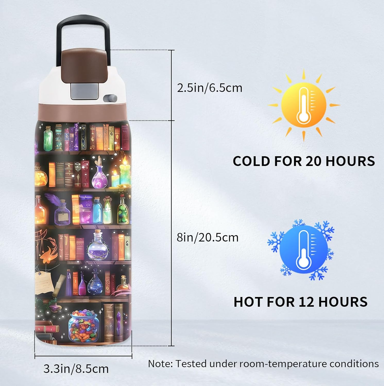 Bookshelf 32oz Water Bottle Gift for Booklover, Bookish Gifts for Women Readers, Stainless Steel Insulated Tumbler with Handle & 2-in-1 Leak Proof Locking Lid for Sports, Birthday Gifts