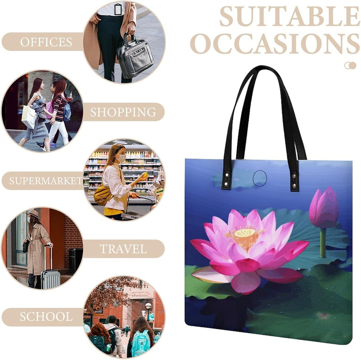 Bright Lotus Handbags Large Capacity, Tote Bag Stylish Slouchy, Shoulder Bags for Work Beach Travel And Shopping Grocery.