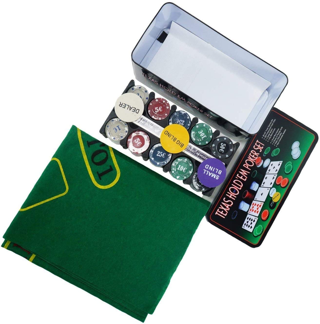 ELAELA Set de póker Caja de Metal, 200 fichas de póker, 2 Cubiertas, botón de repartidor, ciega pequeña, Gran ciega, tapete de Juego