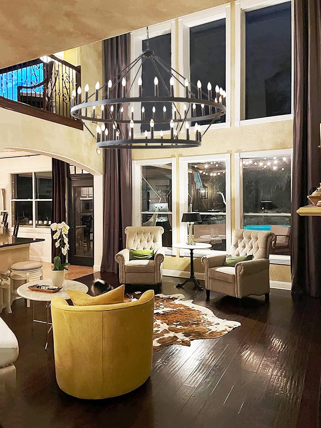 60 Inch Large Black Wagon Wheel Chandelier,2 Tier 54-Lights Farmhouse Industrial Country Style Round Pendant Light Fixture for Outdoor Porch high Ceilings Living Dining Room Foyer Entryway