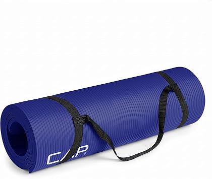 CAP 1/2" Thick Yoga Mat, Exercise & Workout Mat with Strap, Blue | Latex-free NBR foam cushions knees and joints for Pilates, stretching, core training, floor exercises and home fitness.