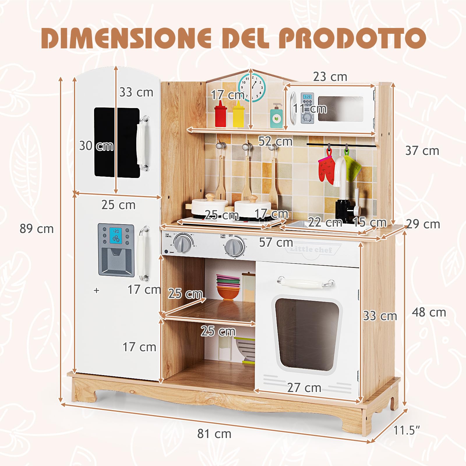 RELAX4LIFE Cucina Giocattolo in Legno per Bambini, Mini Cucina con Utensili da Cucina, Suoni e Luci Realistici, Giocattolo Educativo per Bambini 3+ Anni