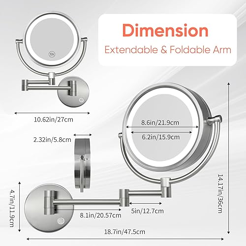 Miniatura 6 de GURUN Espejo de maquillaje cableado montado en la pared con 3 luces LED regulables, 10 espejos de aumento para control táctil de baño, brazo