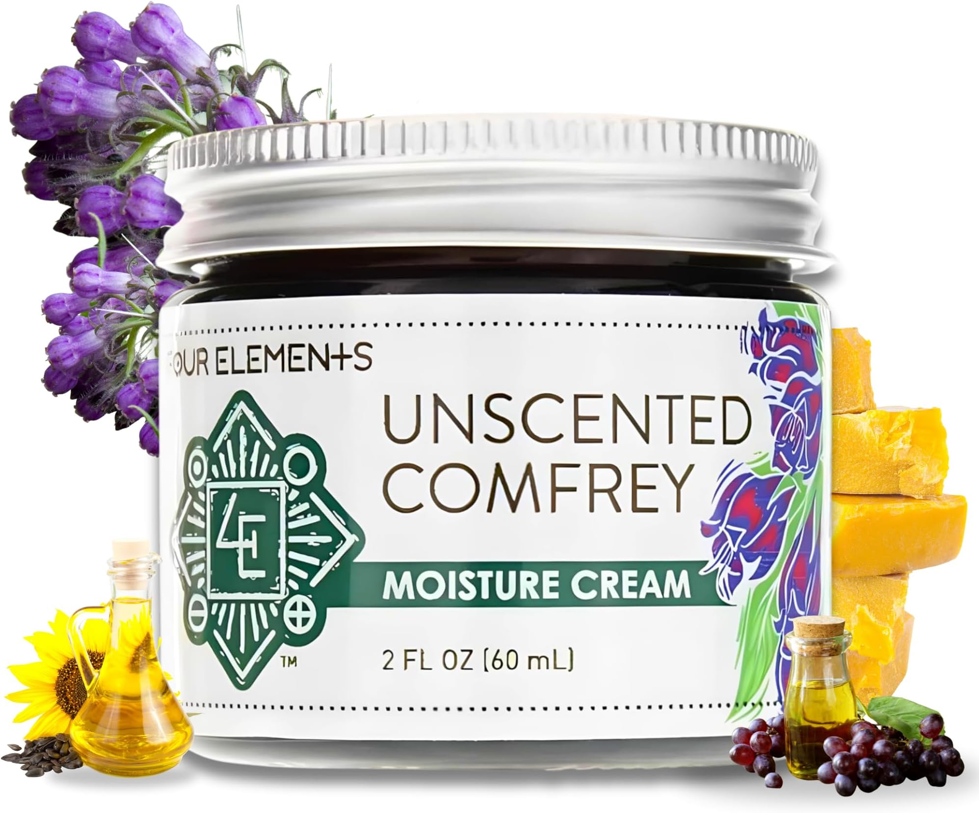 Unscented Comfrey Cream Four Elements Organic Herbals 2 oz Cream