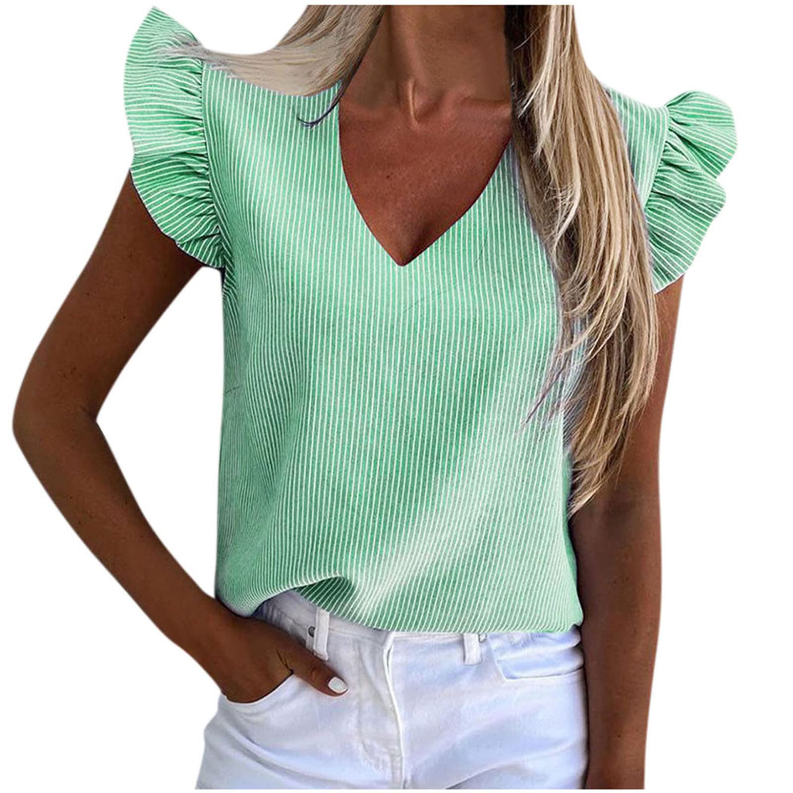 NUSGEAR 2022 Camiseta Manga Corta Mujer Moda Blusas Raya Color sólido Cuello en V Camisa Volantes Manga Camiseta Suelto Volantes Elegante Tops Casual Fiesta T-Shirt Original cómodo tee