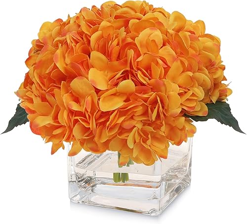 Miniatura 8 de rubystory Hortensias artificiales de seda azul en jarrón con agua sintética, arreglos florales de seda en jarrón para decoración del hogar, mesa de