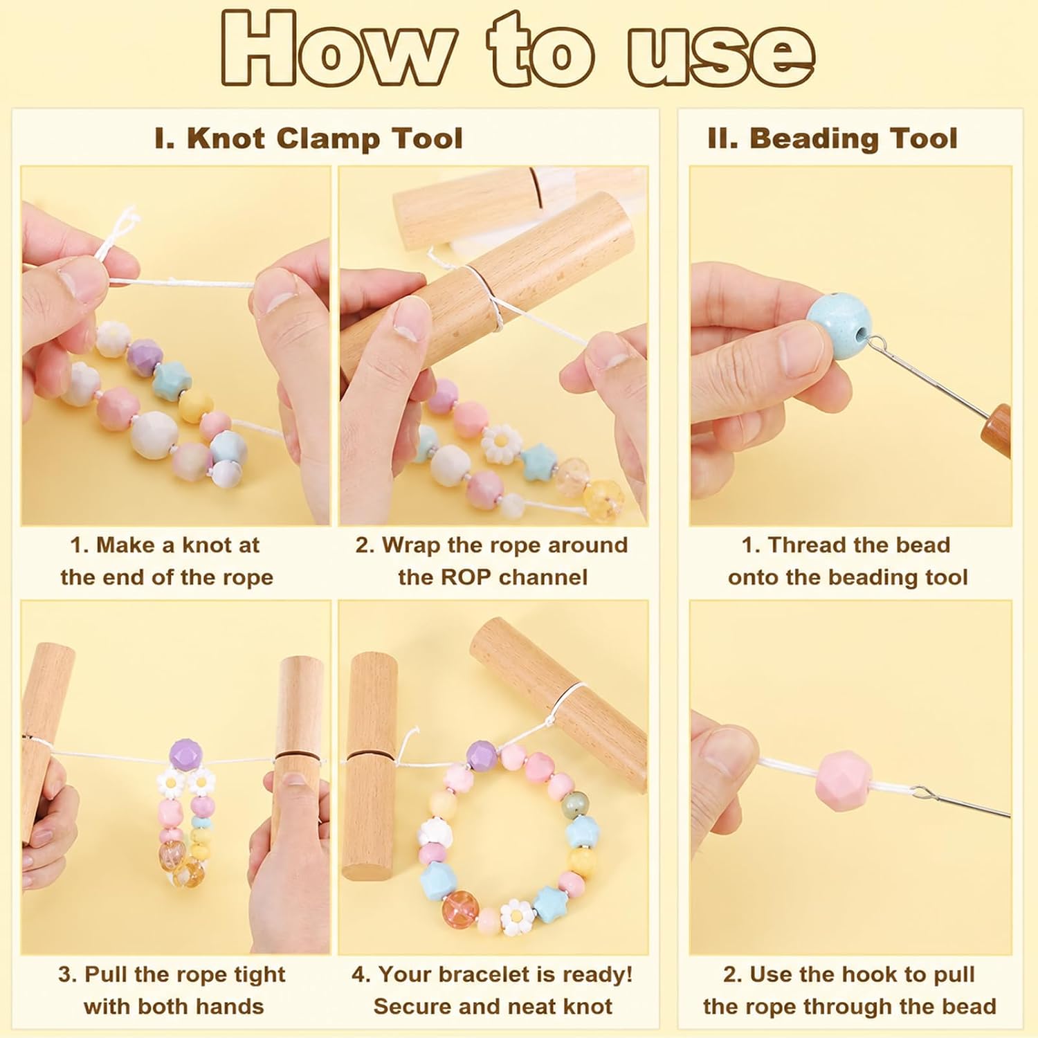 4PCS Loop Turner for Beads, Jewelry Making Tools with Bracelet Tightening Clip Set, Knot Grippers Beading Accessories for Crafting and Repair, Cord Threading Tools with Large and Small Hooks