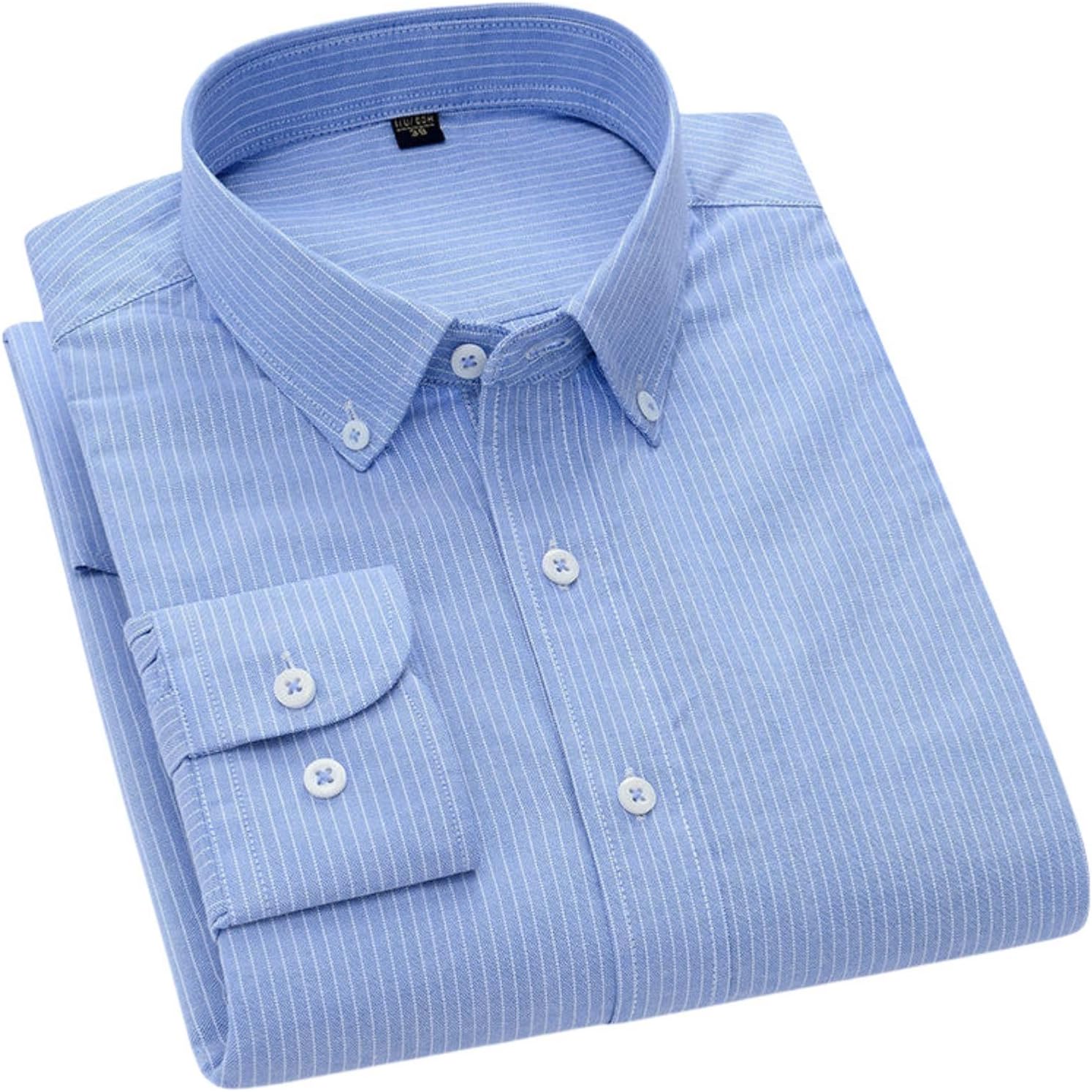 Men's Spring Autumn Cotton Oxford Long Sleeve Striped Casual Business Pocket Plaid Shirt