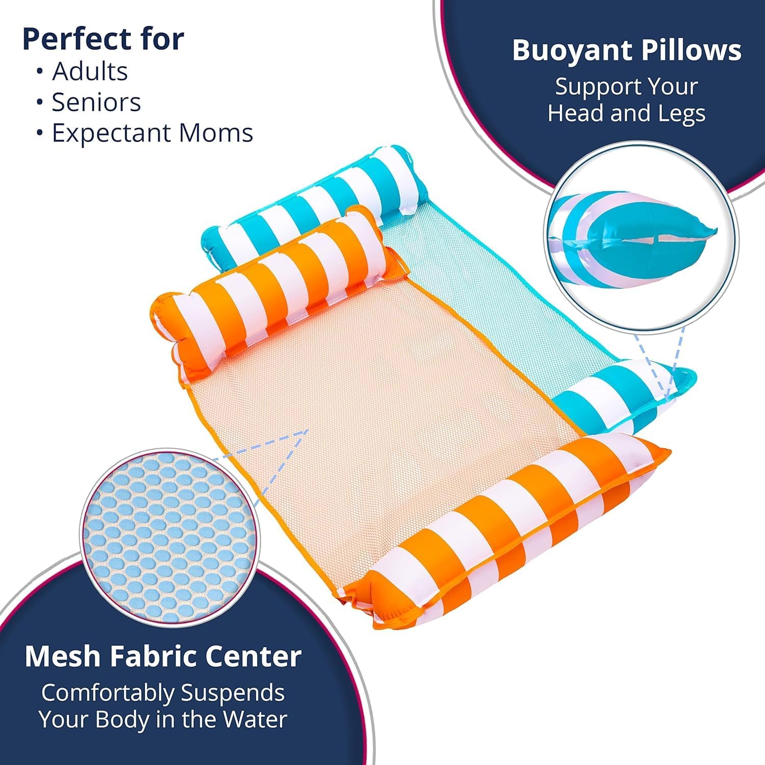 Aqua 4-in-1 Monterey Hammock Pool Float & Water Hammock, Multi-Purpose, Inflatable Pool Floats for Adults, Patented Thick, Non-Stick PVC Material, Two Light Blue and Two Orange/White Stripe, 4-Pack