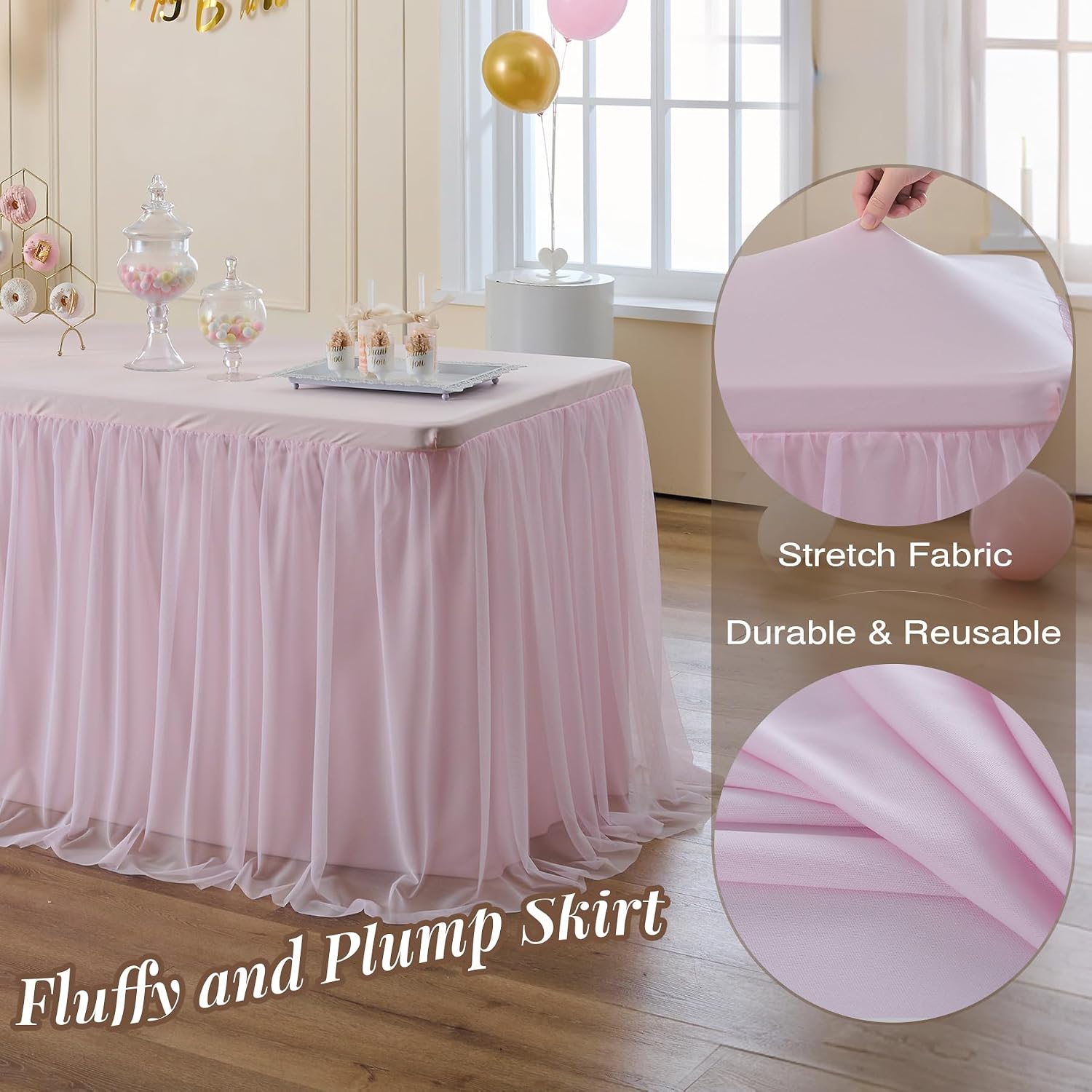 CO-AVE 2pack Pink Tulle Tablecloth for 6ft Rectangular Tables, 2-in-1 Elastic Stretch Spandex Cover with Tutu Ruffle Skirt, Wrinkle Free for Wedding, Birthday, Banquet, Buffet, Bridal Shower