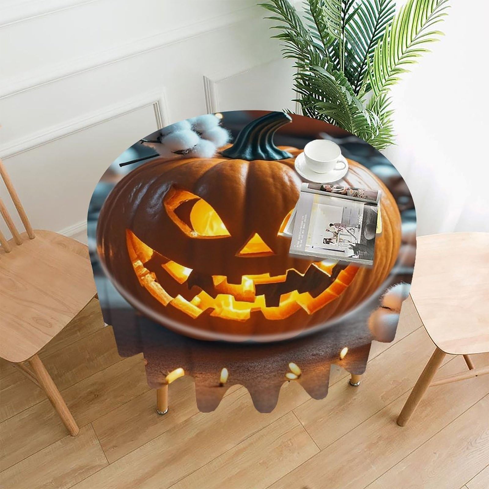 FekiLoot Pumpkin Lantern Round Tablecloth Cover 60 Inch Wrinkle Free Washable Polyester Fabric Table Cover Decorative Round Table Cloth for Home Dining Kitchen Party Farmhouse