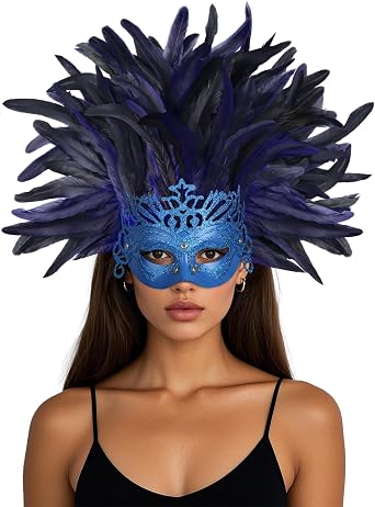 Womens Feather Masquerade Mask and Headpiece, Carnival Costume Accessory