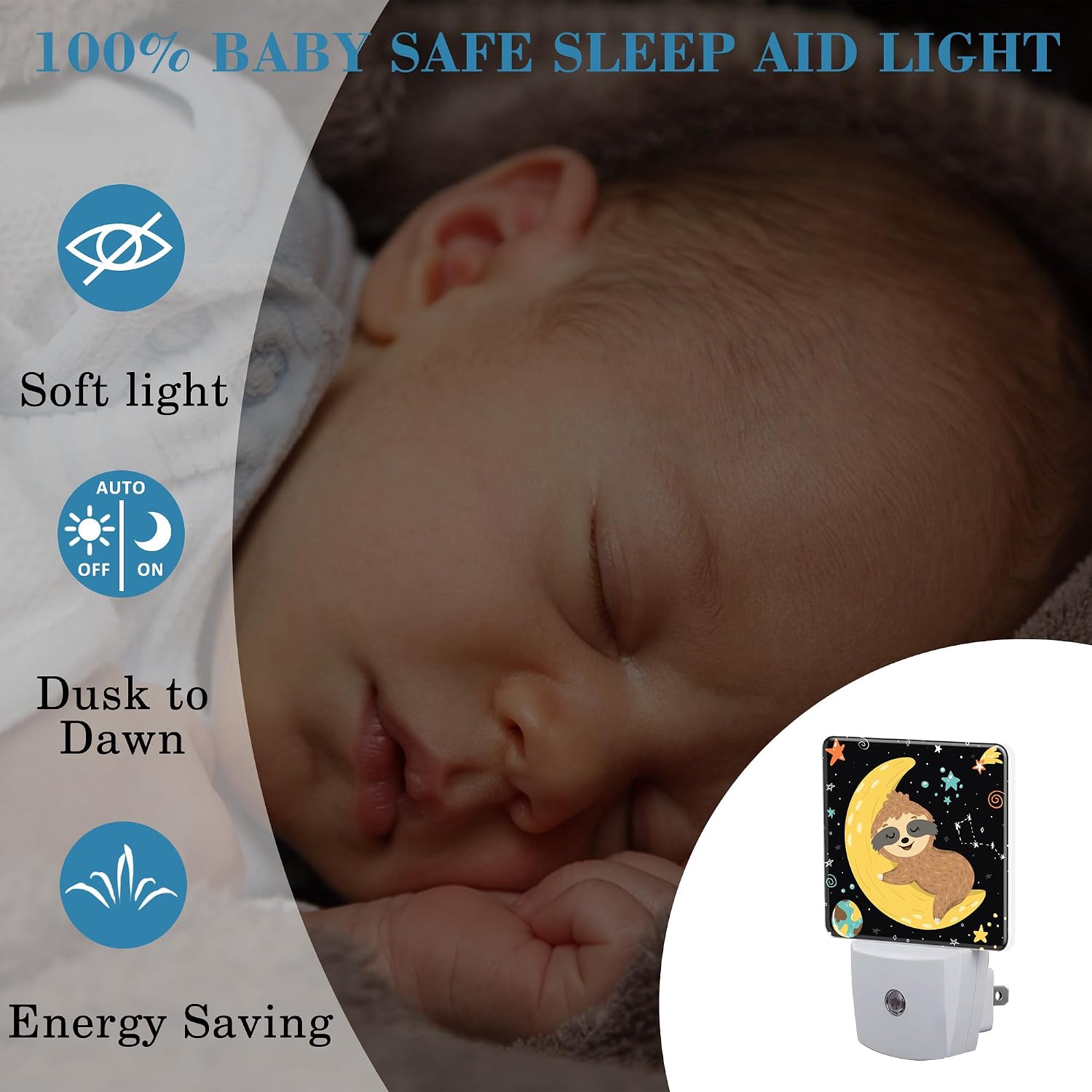 Night Light for Kids Girls Boys, Cute Baby Sloth Sleeping on Moon LED Night Light Plug into Wall with Dusk to Dawn Sensor for Room Decor, Hallway, Kitchen, Bathroom, Nursery, Stairs image 4