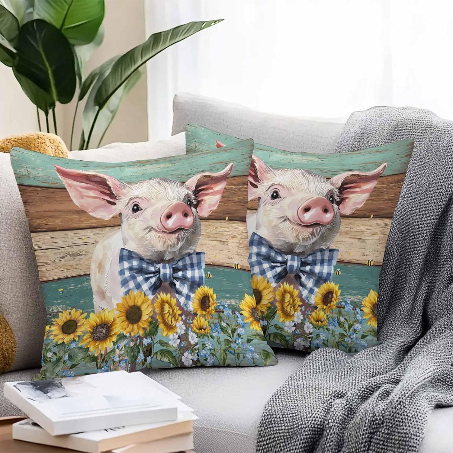 Vandarllin Outdoor Throw Pillows Covers 24x24 inch Set of 2 Waterproof Farm Piggy Sunflowerr Decorative Zippered Cushion Covers for Patio Furniture, Vintage Teal Brown Wood Board Lumbar Pillowcases