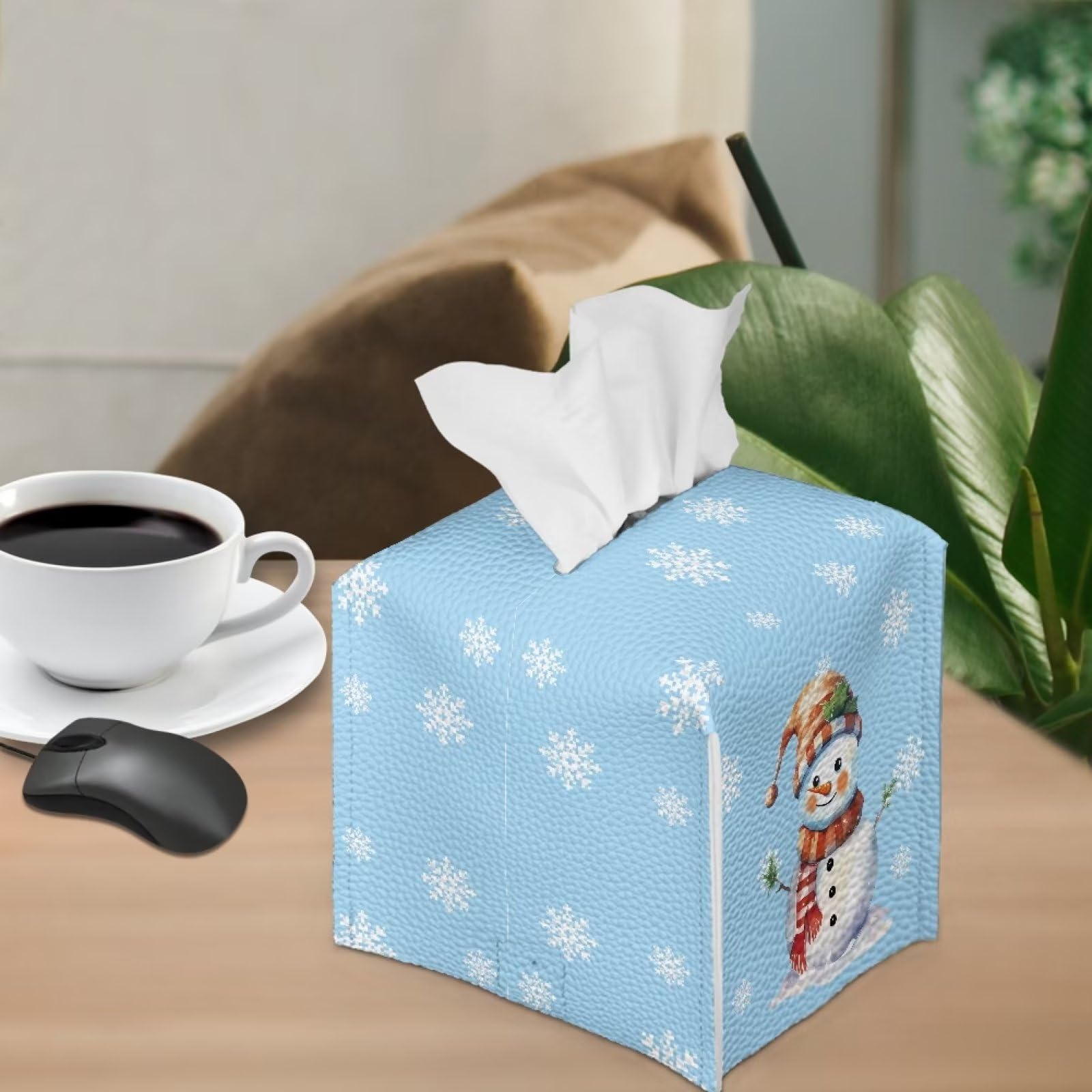 Scatola Portafazzoletti Quadrata In Pelle PVC Con Pupazzo Di Neve, Elegante Per Tavolo, Auto, Ufficio E Bagno – 13,2 X 13,2 X 13,2 Cm