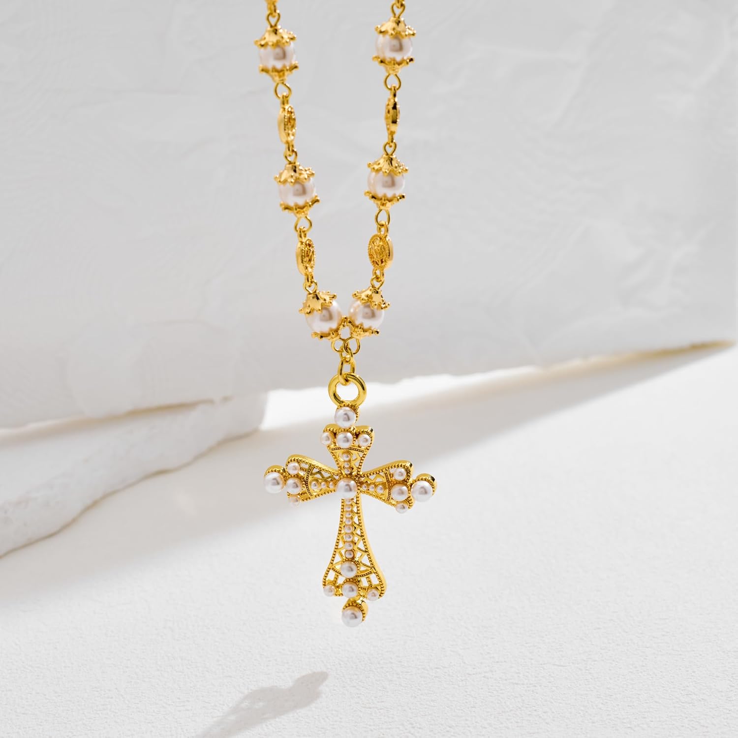 Gold Cross Pearl Necklace for Women Gothic Cross Necklace Exaggerate Large Cross Necklace Punk Chunky Statement Jewelry Gift for Her - Image 5