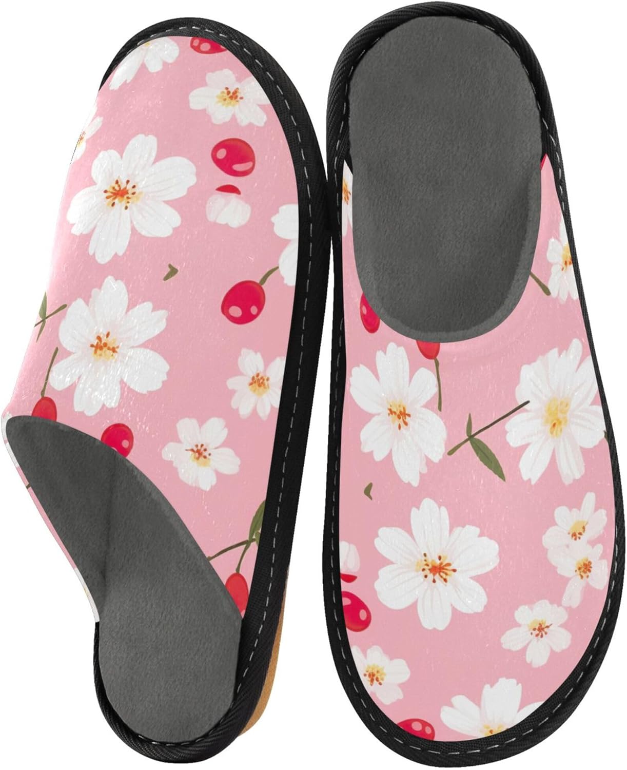 Daisy Flower Cherry House Slippers – Cozy Fuzzy Slippers for Guests, Washable & Disposable, Perfect for Shoeless Home, Spa & Hotel Use A110869