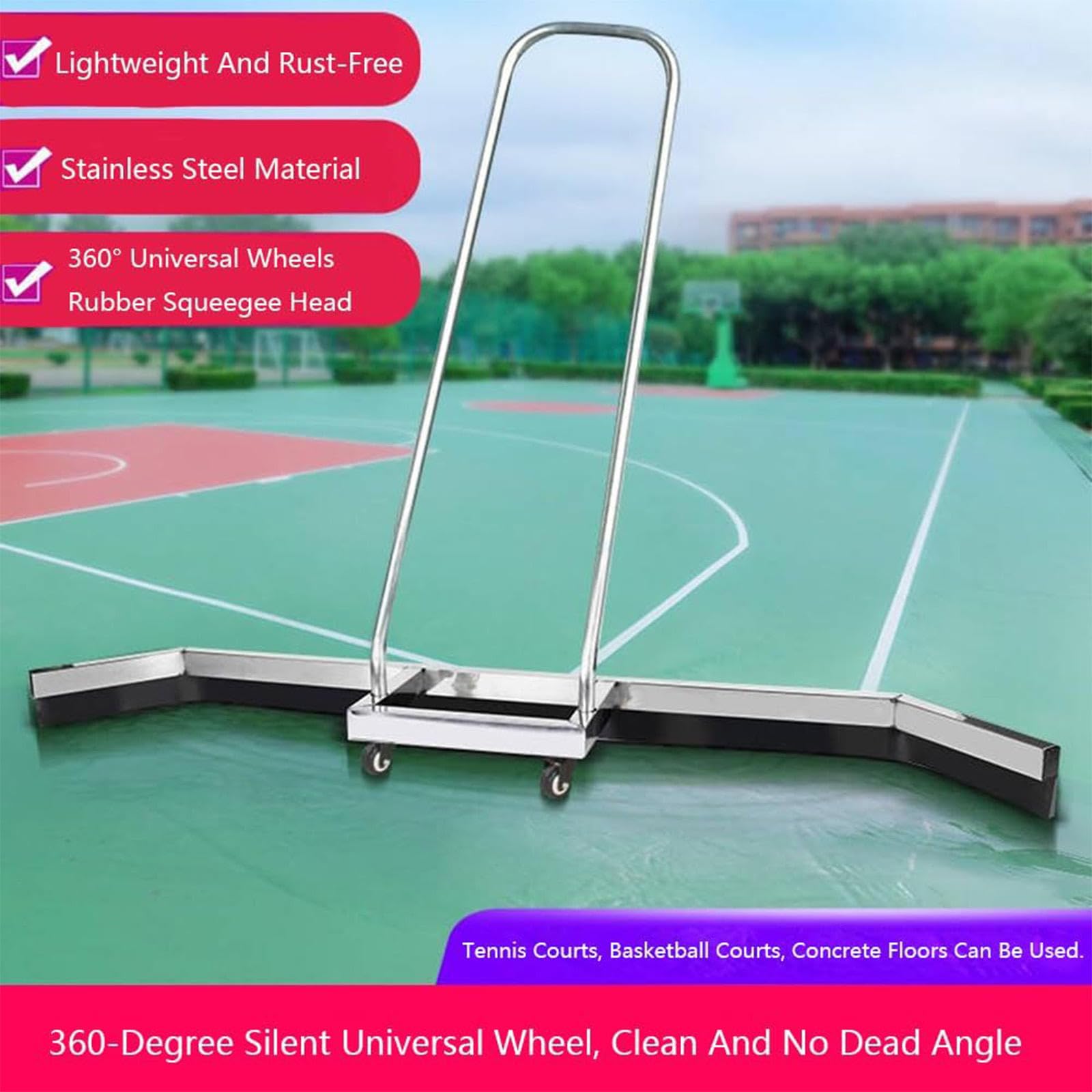 Rosqueta de Agua de Acero Inoxidable Resistente con Ruedas giratorias, Mango ergonómico para la Limpieza rápida del Piso, eliminación eficiente de la Lluvia en canchas de Tenis de concreto y garajes