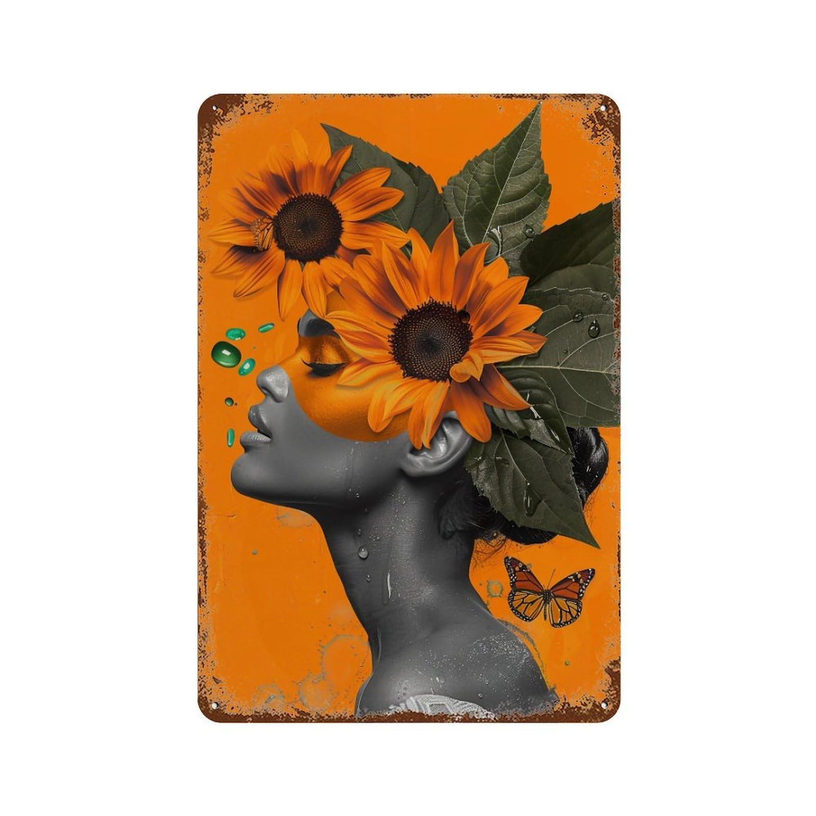 YHGERTKU Orange Sunflower Woman Butterfly 04 Wall Art Retro Iron Vintage Metal Tin Sign Poster Modern Decor for Living Rooms Gift 30x20cm