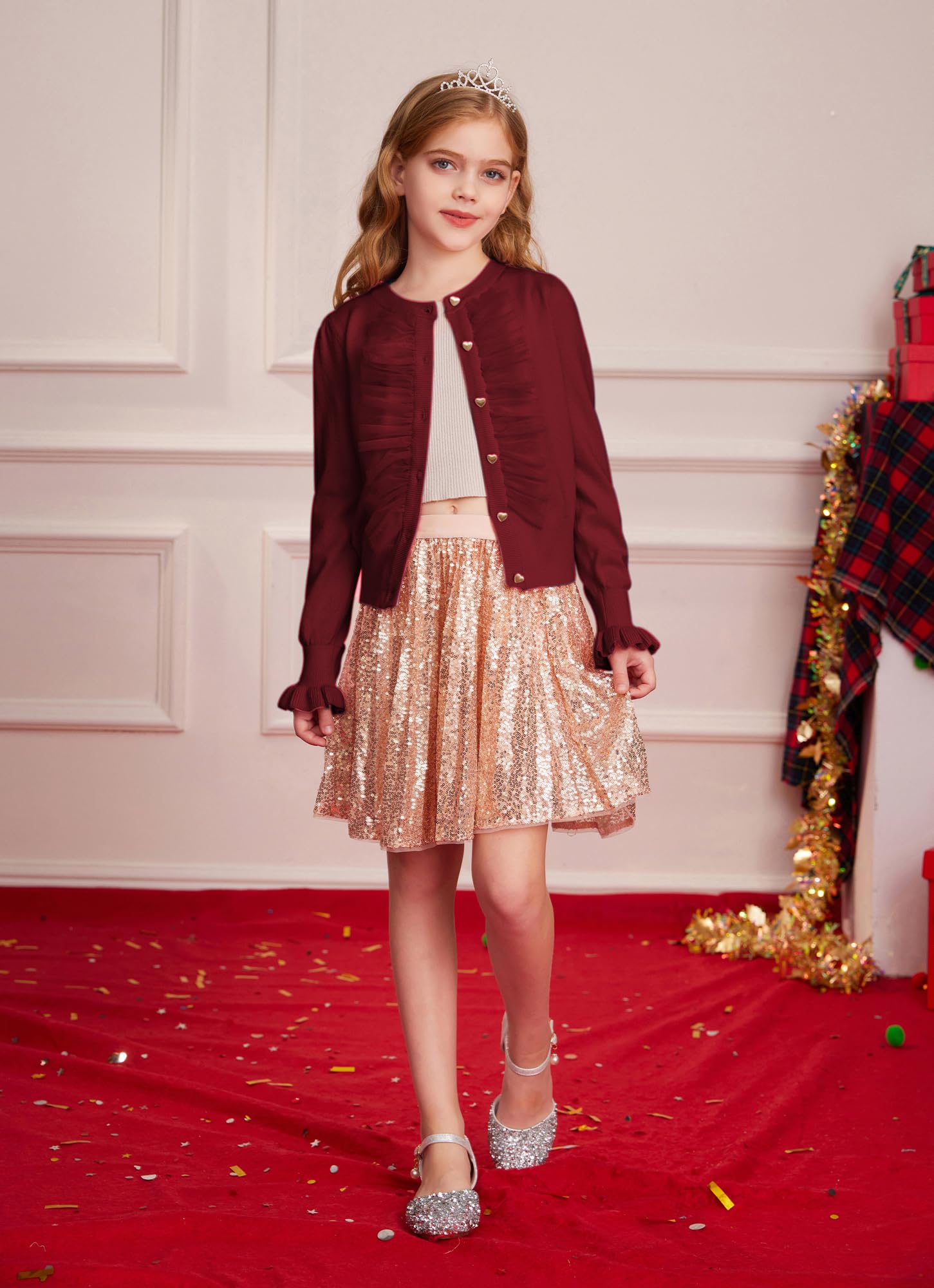 GRACE KARIN Cárdigan de punto para niñas Casual Manga Larga Cuello Redondo Cárdigan de Punto con Botón Delantero Elegante Tul Malla Volantes Cárdigan Decorado