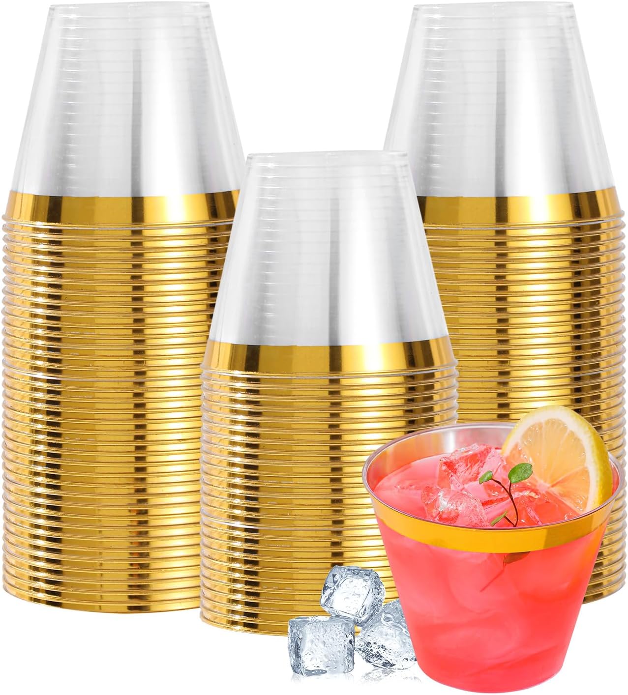 50PCS Gold Plastic Cups, 9 oz Clear with Metallic Gold Rim Disposable Cups, Elegant Plastic Tumblers, Fancy Party Cups