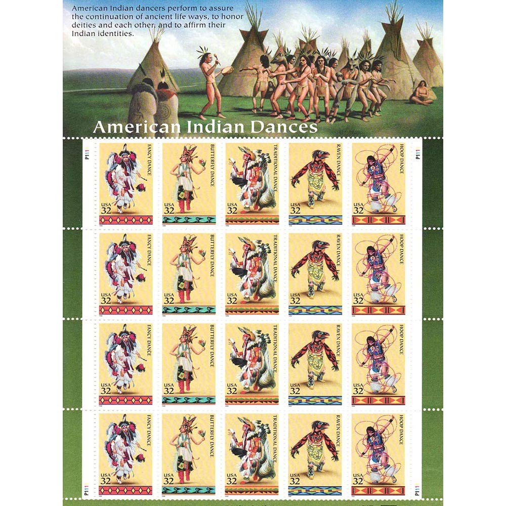 Wee Blue Coo Postage Stamps American Indian Native Dance USA Art Print Poster Wall Decor 12X16 Inch