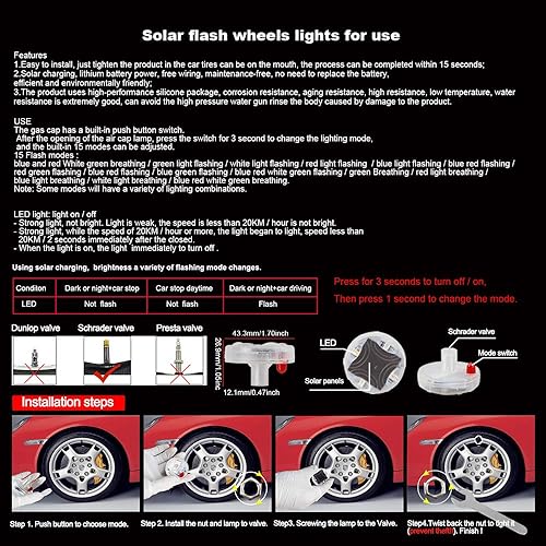 Miniatura 7 de Luces para neumáticos de rueda de automóvil, 4 piezas LED solares para boquilla de rueda de automóvil, luz de tapa de válvula de aire con sensores