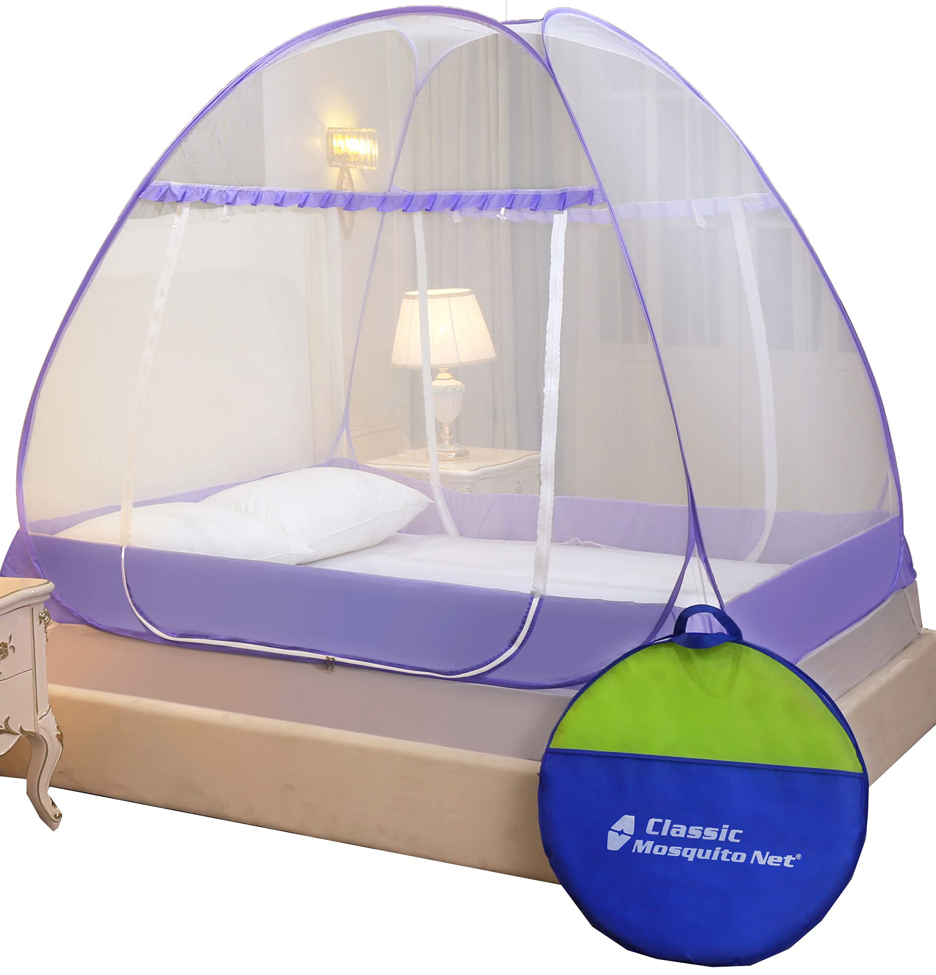 Classic Mosquito Net for Double Bed | Queen Size Foldable Premium Machardani | Extra Mosquito Protection | Polyester 30GSM Strong Net | PVC Coated Corrosion Resistant Steel Wire - Purple