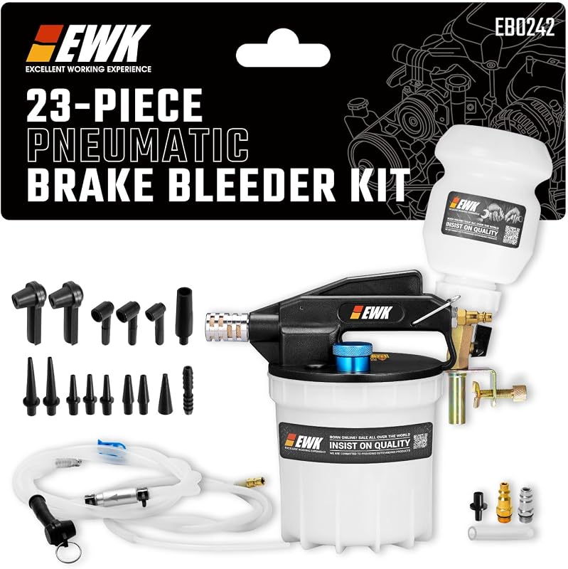 23 Pcs Pneumatic Brake Bleeder Kit, 2L Vacuum Pump & 1L Refilling Bottle | One-Person Brake Fluid Flush System for Cars, Motorcycles, Trucks & ABS Systems