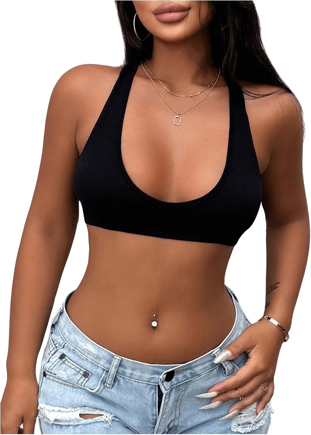 MakeMeChic Women's Open Back Crop Tank Top Low Cut Sexy Cute Summer Tops