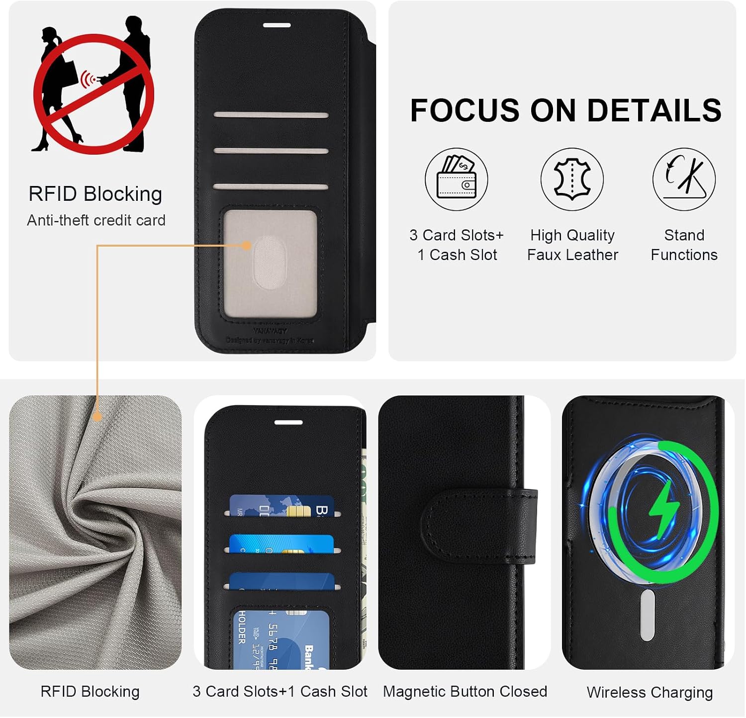 VANAVAGY Wallet Case for iPhone Air for Magsafe, Black image 3