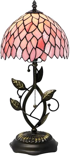 Miniatura 11 de Small Tiffany Lamp Pink Dragonfly Style Stained Glass Table Lamps Desk Bedside Reading Light 8X8X18 Inches with Bronze Metal Leaf Resin Base Pink