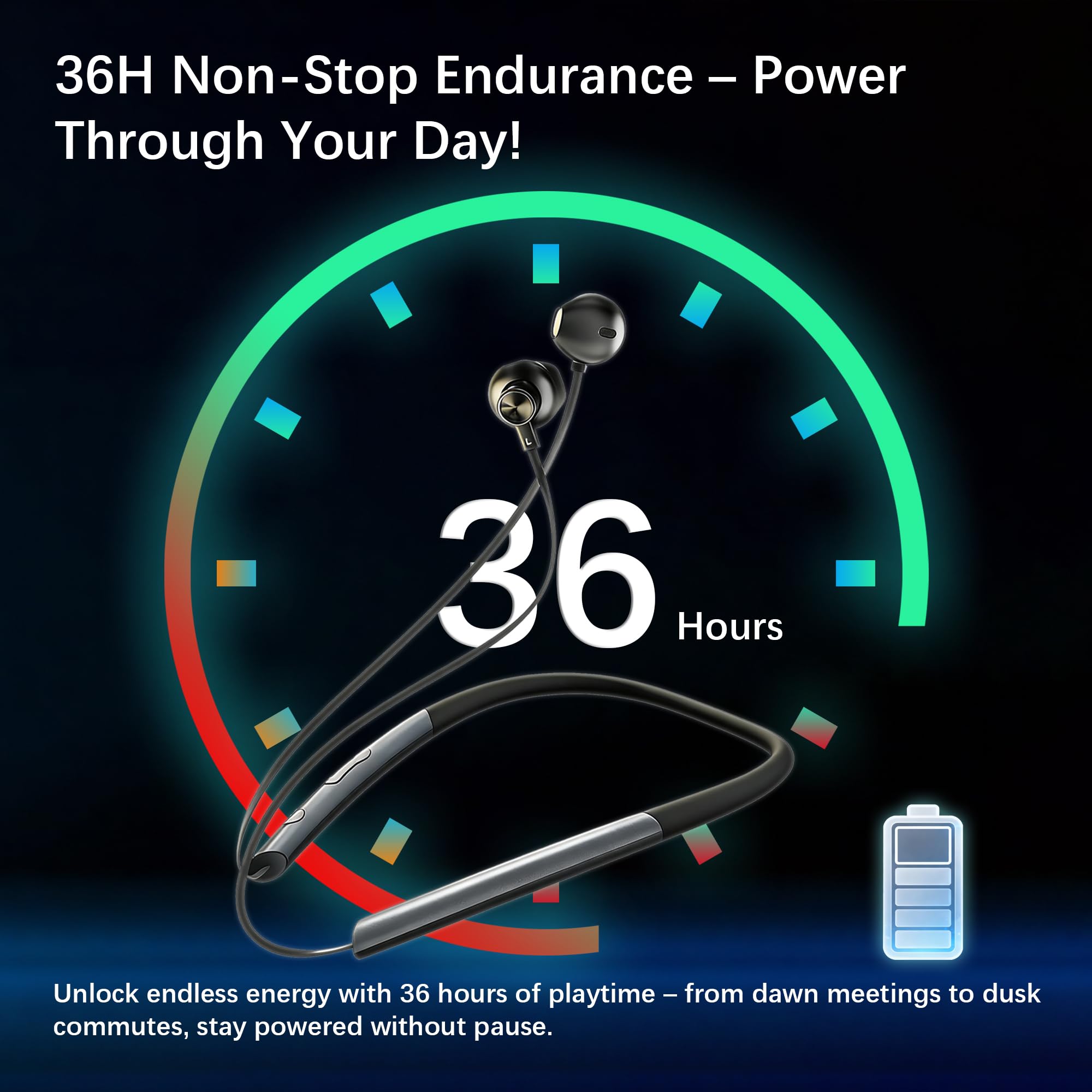 Essonio Écouteurs Bluetooth tour de cou avec micro hybride, suppression active du bruit, 36 heures d'autonomie, étanchéité IPX6, casque de sport magnétique confortable pour la course, le travail, les