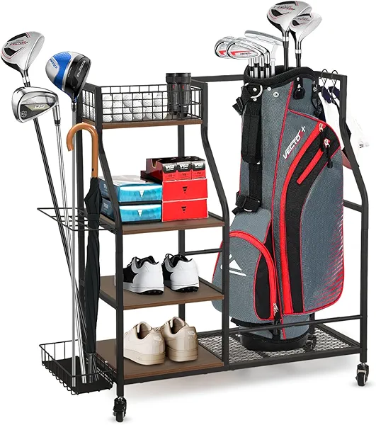 Golf Bag Garage Storage Rack with Wheels, Organizer for Single Golf Bag and Equipment Accessories, Ideal for Garage, Club, Shed, Basement, Garden (Dark Walnut)