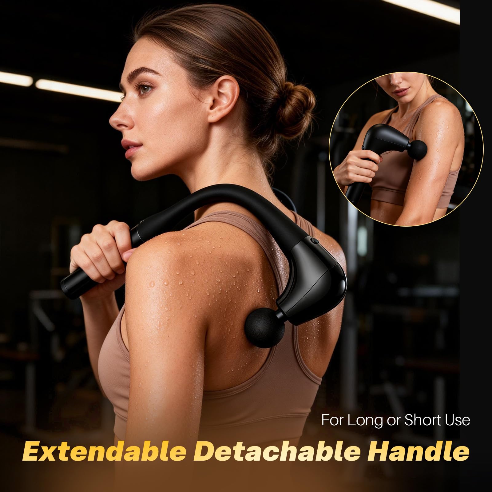G4D - Pistola de fascia con mango largo desmontable en forma de U, percusión de tejido profundo de 10 mm, motor sin escobillas, hasta 2800 RPM, carga rápida tipo C, incluye 4 cabezales de