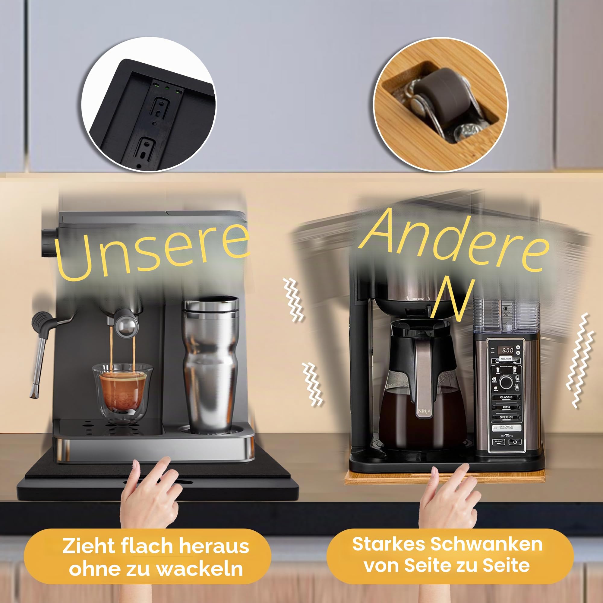 MinBoo Bambus-Geräteschieber, Schiebe-Tablett für Kaffeemaschine, Küchen-Arbeitsplatte, Rolltablett, lässt Sich leicht unter den Schrank schieben, breit, schwarz, groß (40,6 cm B x 33 T)