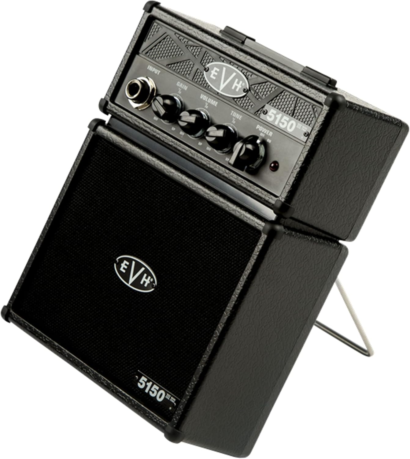 Külg view of the EVH 5150III Micro Stack amplifier, tilted back using its integrated kickstand.